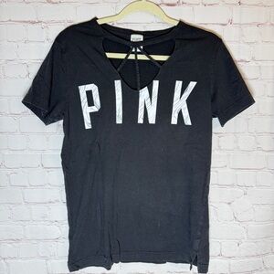 PINK Victoria's Secret Black Short-Sleeve Logo Tee with Front Strap Cutout